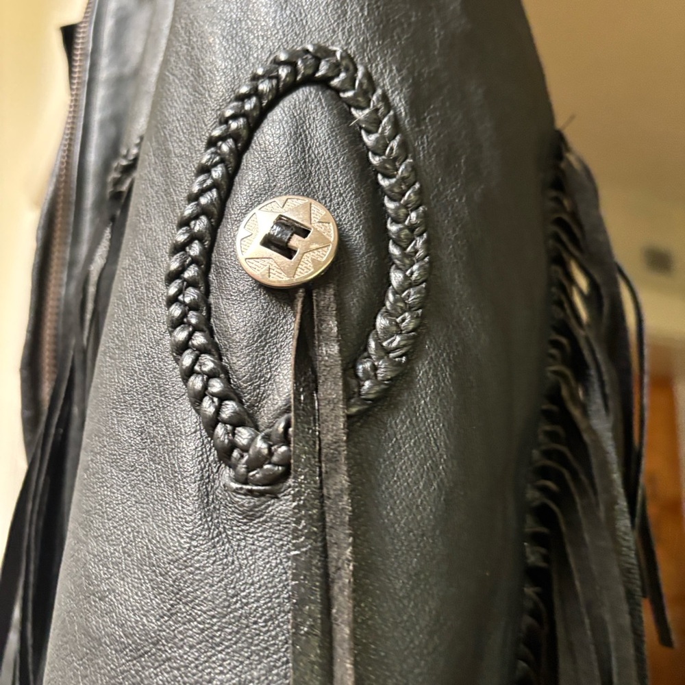 Black Leather biker Fringe  Jacket lining. For extra warmth. Beautiful shape!